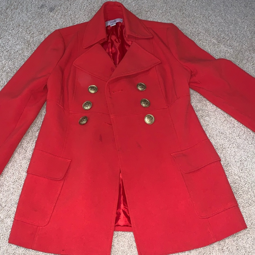 Orange pea coat with gold buttons